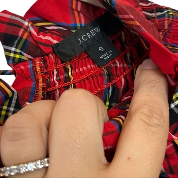 J Crew Smocked-neck Top in Good Tidings Holiday Red Plaid Blouse Balloon Sleeve - Picture 4 of 7